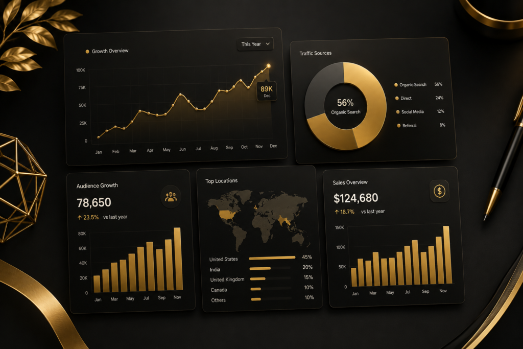 "Luxury black and gold digital marketing dashboard featuring SEO analytics, website performance charts, business growth metrics, AI marketing insights, and premium data visualization."