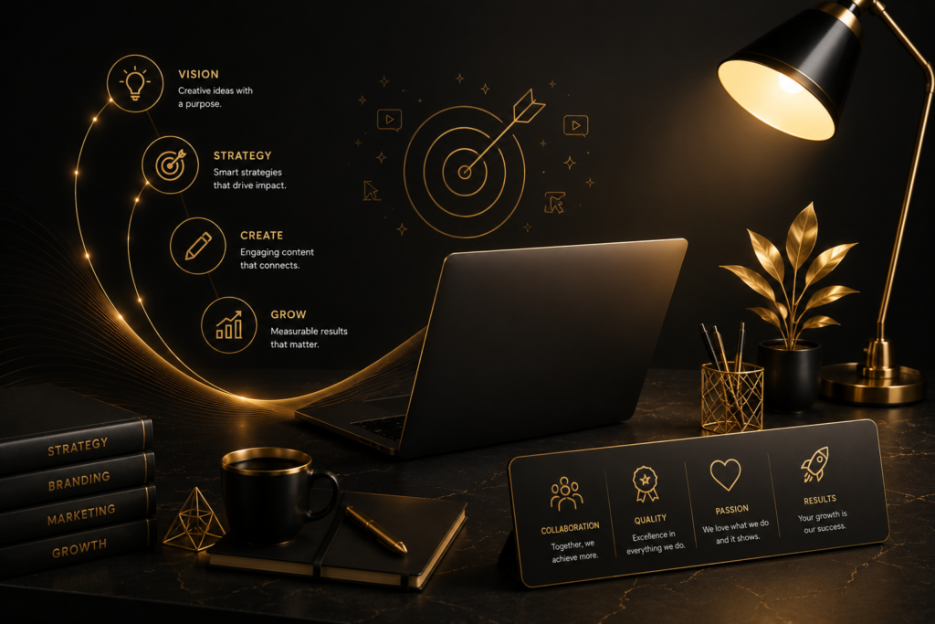 "Modern digital marketing dashboard with golden line charts, bar graphs, pie charts, and website analytics on a black background."