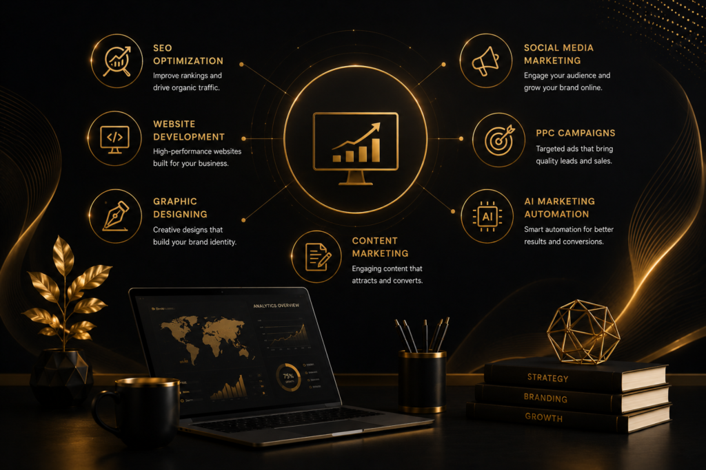 "Digital marketing services banner featuring SEO optimization, website development, social media marketing, PPC advertising, AI marketing automation, and content marketing in a premium black and gold design."