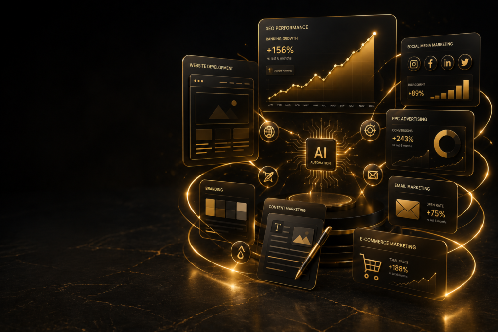 "Black and gold digital marketing services banner displaying powerful business growth solutions, including SEO optimization, website development, social media marketing, PPC campaigns, AI marketing automation, content marketing, and client success statistics."