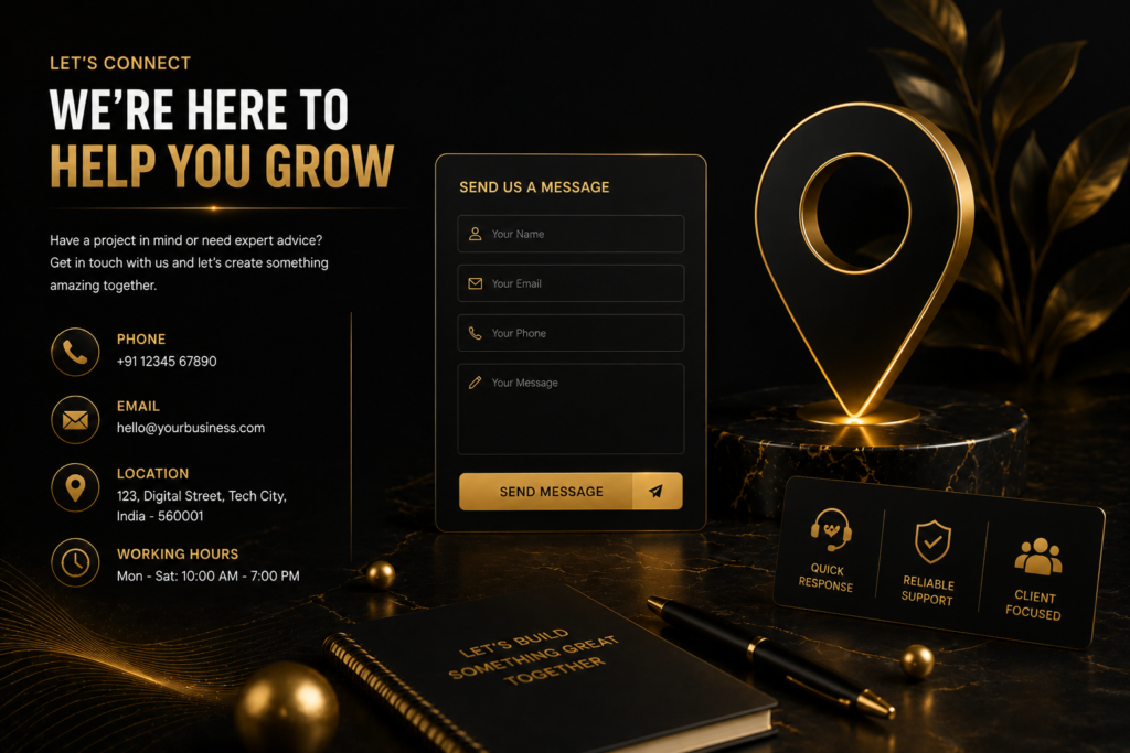 "Premium black and gold digital marketing contact page featuring an online inquiry form, customer support, email, phone, location, and business consultation services."